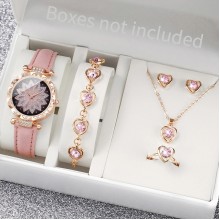 ساعة نسائية جلدية مع مجموعة مجوهرات ، ساعة كوارتز ، زهرة ، حجر الراين   