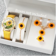 ساعة يد للنساء حزام من الجلد كوارتز ساعة ديزي طقم مجوهرات