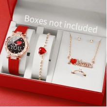 ساعة يد نسائية موضة حجر الراين معصم من جلد ساعات كوارتز طقم مجوهرات على شكل قلب