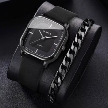 2ساعة يد للرجال حزام من الجلد كوارتز ساعة اليد مع سوار Reloj Hombre (بدون صندوق) 