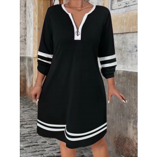 فستان شتوي أنيق مخطط برقبة بسحاب متعدد الاستخدامات وأكمام طويلة