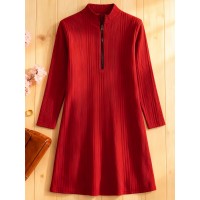 فستان متوسط الطول برقبة دائرية وسحاب مضلع سادة للنساء