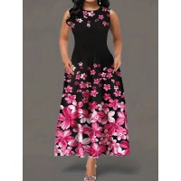 فستان نسائي طويل مزين بالزهور بمقاس كبير، فستان طويل بدون أكمام ورقبة دائرية  